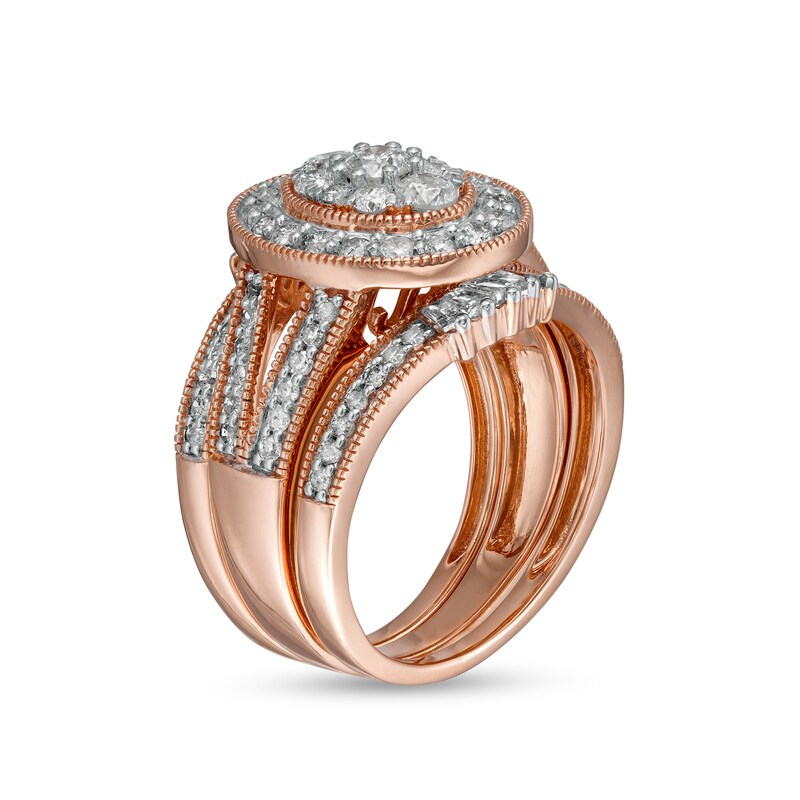 1.45 CT. T.W. Composite Oval Diamond Frame Vintage-Style Split Shank Three Piece Bridal Set in 10K Rose Gold
