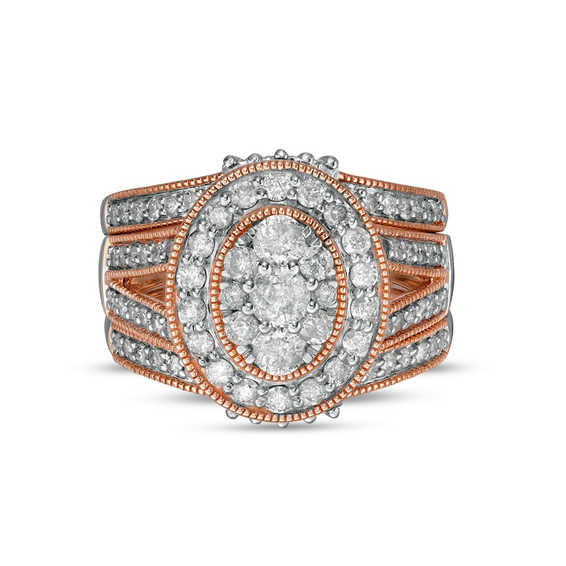 1.45 CT. T.W. Composite Oval Diamond Frame Vintage-Style Split Shank Three Piece Bridal Set in 10K Rose Gold
