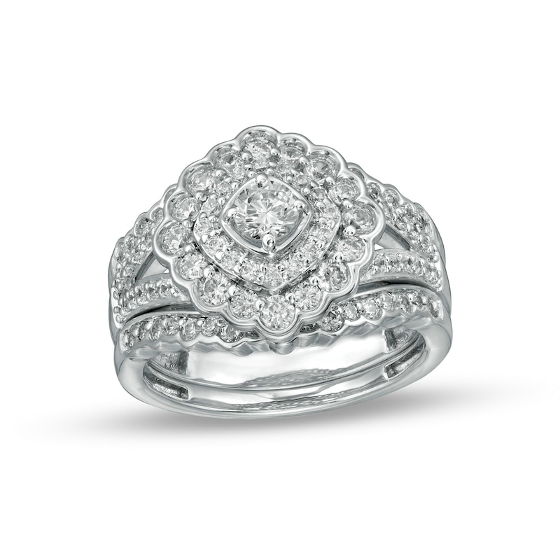 1.23 CT. T.W. Diamond Double Tilted Frame Scallop Edge Three Piece Bridal Set in 10K White Gold