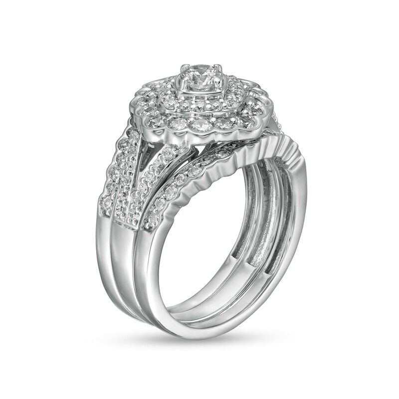 1.23 CT. T.W. Diamond Double Tilted Frame Scallop Edge Three Piece Bridal Set in 10K White Gold