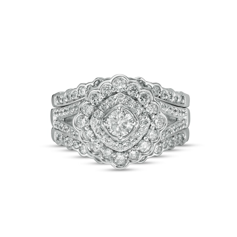 1.23 CT. T.W. Diamond Double Tilted Frame Scallop Edge Three Piece Bridal Set in 10K White Gold