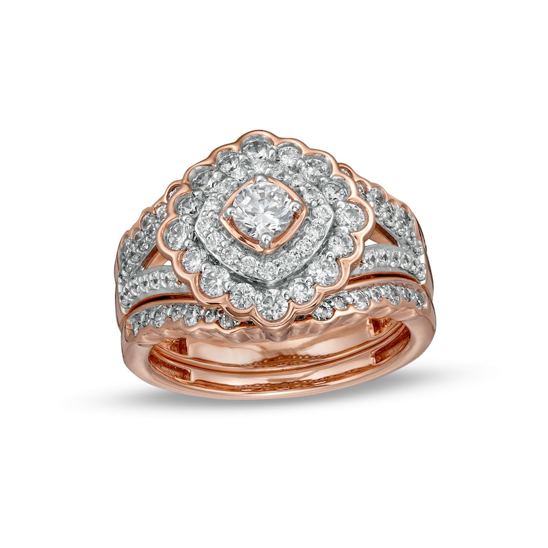 1.23 CT. T.W. Diamond Double Tilted Frame Scallop Edge Three Piece Bridal Set in 10K Rose Gold