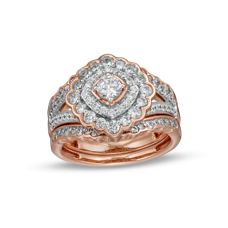 Main Image 1 of 1.23 CT. T.W. Diamond Double Tilted Frame Scallop Edge Three Piece Bridal Set in 10K Rose Gold