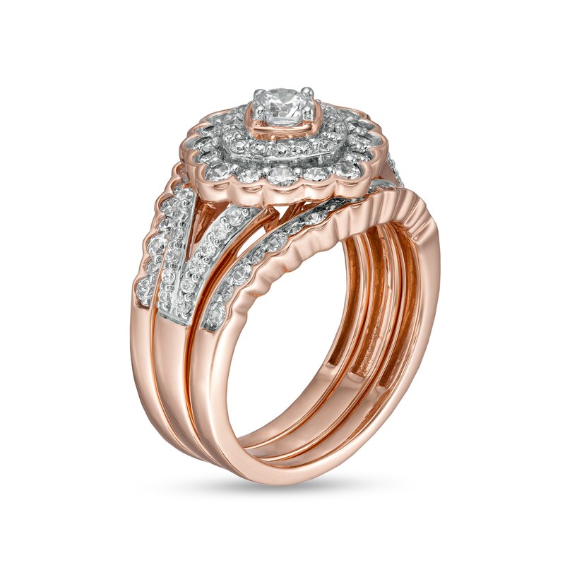 Main Image 3 of 1.23 CT. T.W. Diamond Double Tilted Frame Scallop Edge Three Piece Bridal Set in 10K Rose Gold