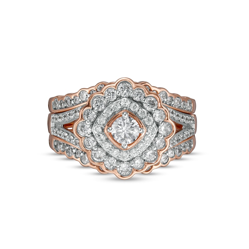 1.23 CT. T.W. Diamond Double Tilted Frame Scallop Edge Three Piece Bridal Set in 10K Rose Gold
