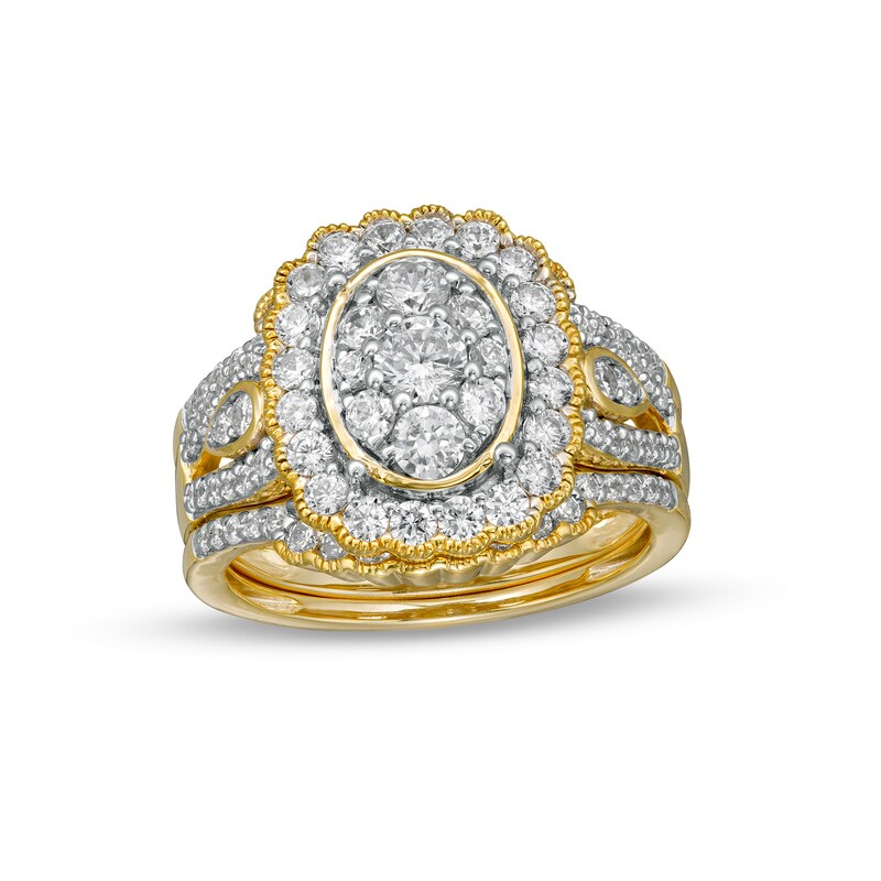 Main Image 1 of 1.58 CT. T.W. Composite Diamond Frame Scallop Edge Three Piece Bridal Set in 10K Gold