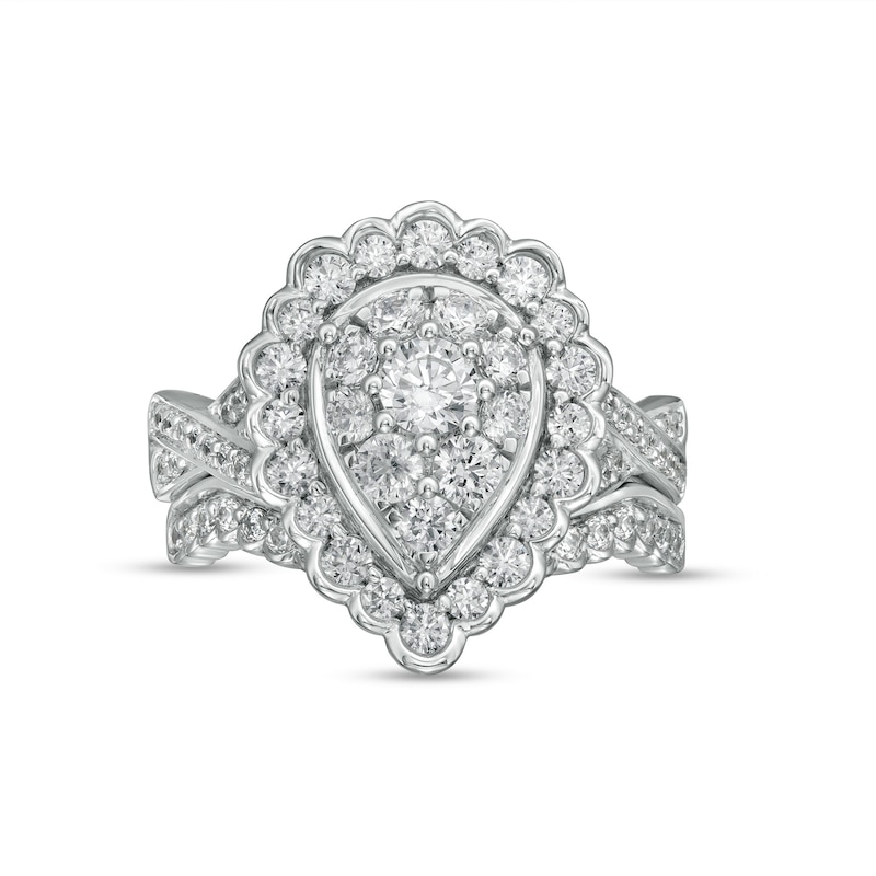 1.37 CT. T.W. Composite Pear-Shaped Diamond Frame Scallop Edge Bridal Set in 10K White Gold