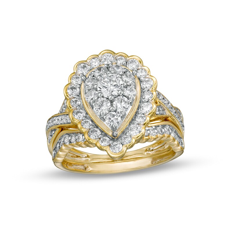 1.37 CT. T.W. Composite Pear-Shaped Diamond Frame Scallop Edge Bridal Set in 10K Gold