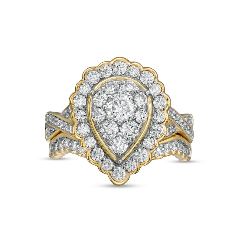 1.37 CT. T.W. Composite Pear-Shaped Diamond Frame Scallop Edge Bridal Set in 10K Gold