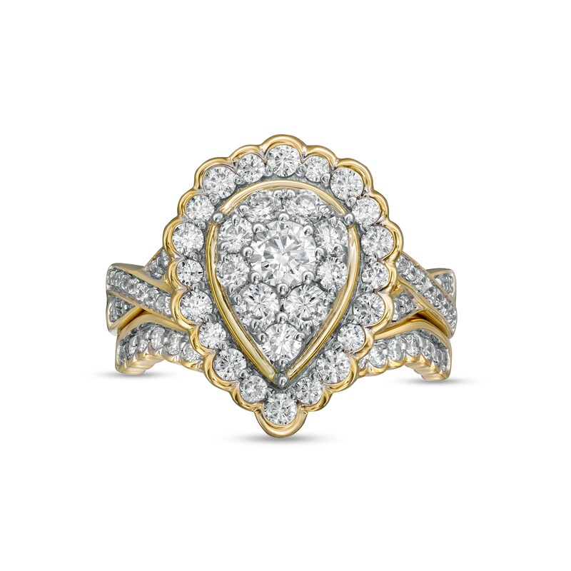 1.37 CT. T.W. Composite Pear-Shaped Diamond Frame Scallop Edge Bridal Set in 10K Gold