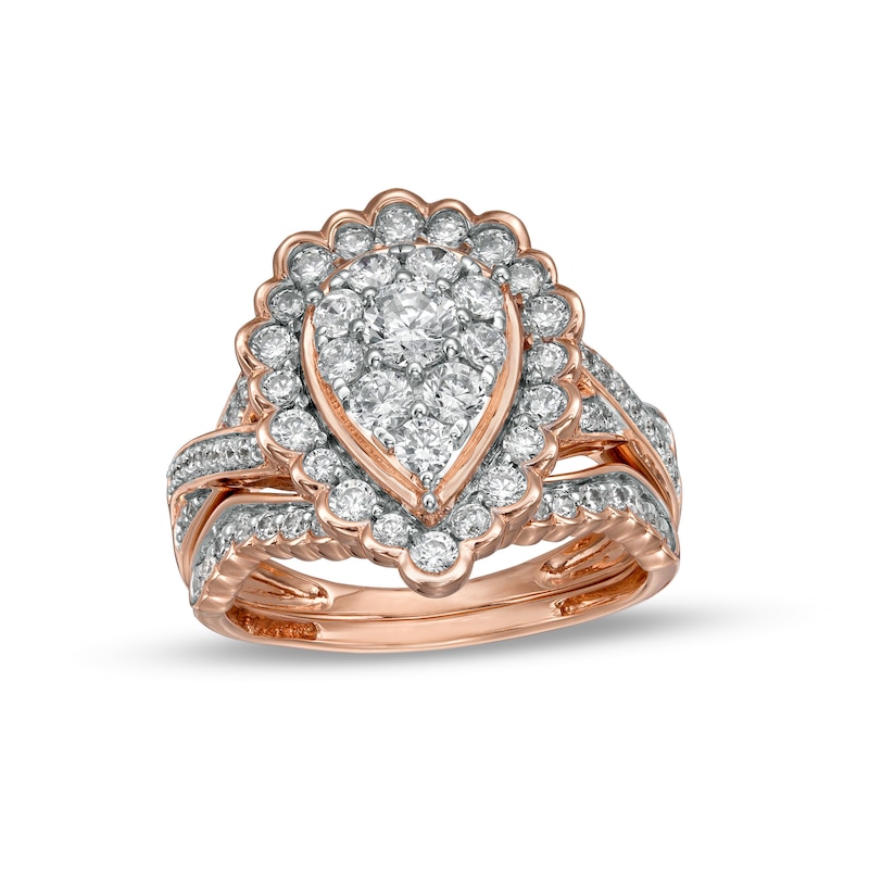1.37 CT. T.W. Composite Pear-Shaped Diamond Frame Scallop Edge Bridal Set in 10K Rose Gold