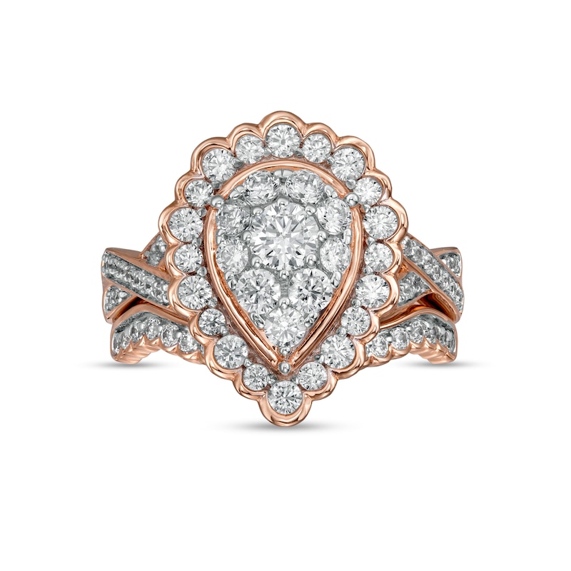 1.37 CT. T.W. Composite Pear-Shaped Diamond Frame Scallop Edge Bridal Set in 10K Rose Gold