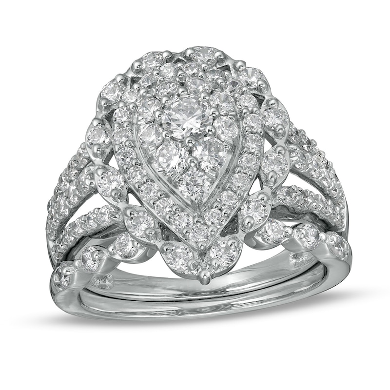 1.58 CT. T.W. Composite Pear-Shaped Diamond Double Frame Scallop Edge Bridal Set in 10K White Gold