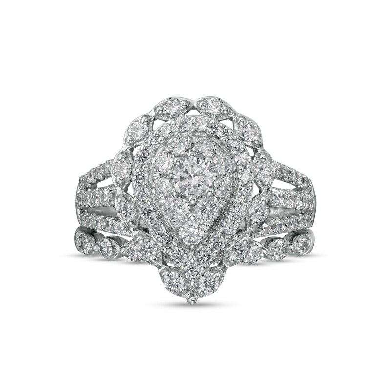 1.58 CT. T.W. Composite Pear-Shaped Diamond Double Frame Scallop Edge Bridal Set in 10K White Gold