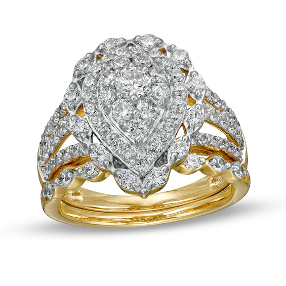 1.58 CT. T.W. Composite Pear-Shaped Diamond Double Frame Scallop Edge Bridal Set in 10K Gold
