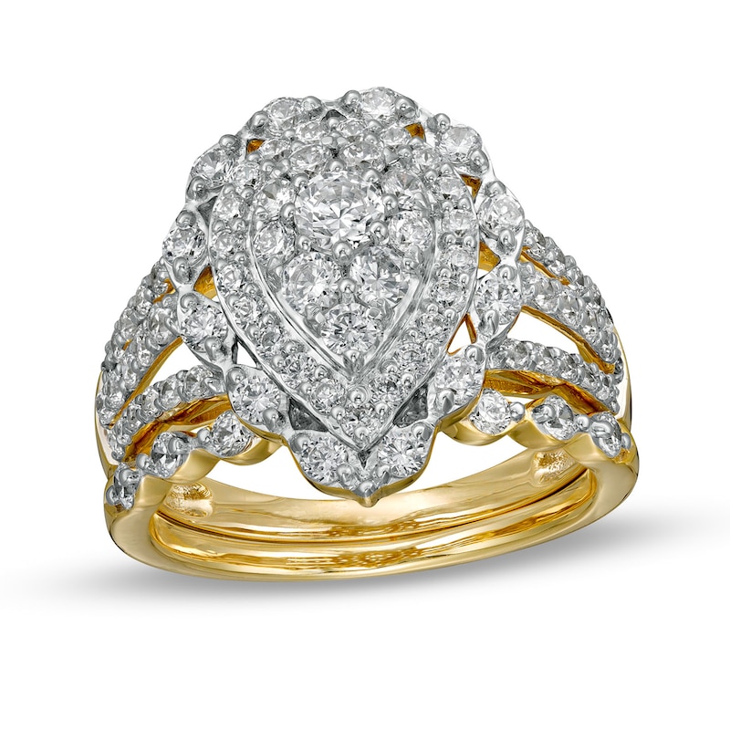 1.58 CT. T.W. Composite Pear-Shaped Diamond Double Frame Scallop Edge Bridal Set in 10K Gold