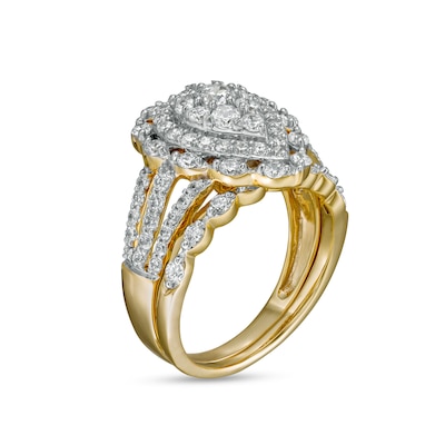 1.58 CT. T.W. Composite Pear-Shaped Diamond Double Frame Scallop Edge Bridal Set in 10K Gold