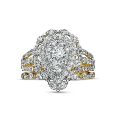 1.58 CT. T.W. Composite Pear-Shaped Diamond Double Frame Scallop Edge Bridal Set in 10K Gold