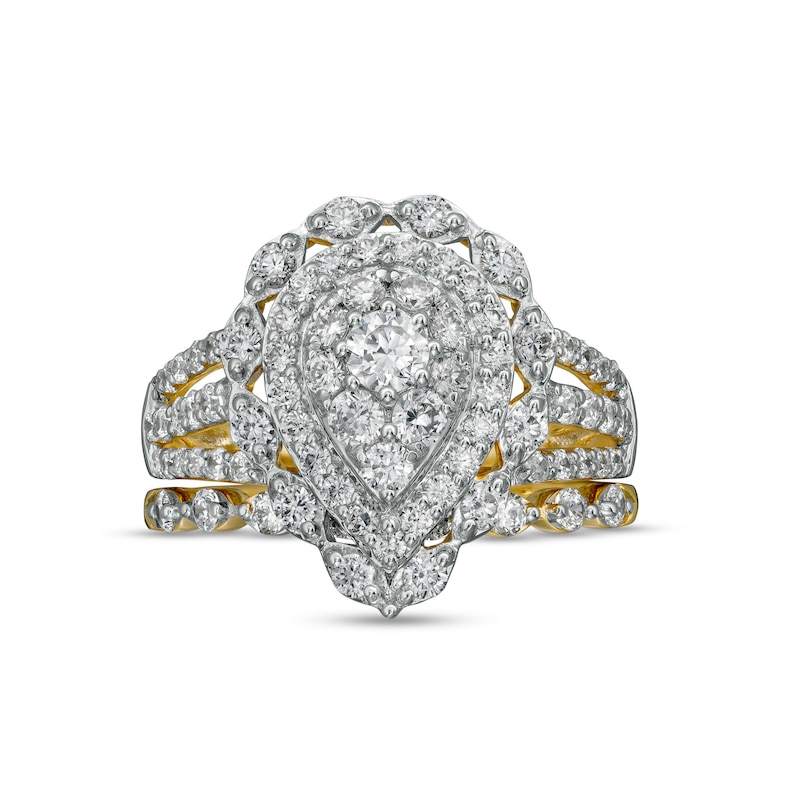 1.58 CT. T.W. Composite Pear-Shaped Diamond Double Frame Scallop Edge Bridal Set in 10K Gold