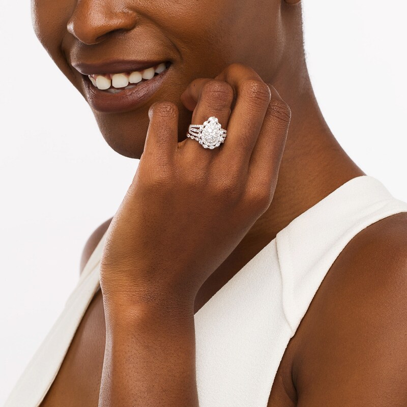 1.58 CT. T.W. Composite Pear-Shaped Diamond Double Frame Scallop Edge Bridal Set in 10K Rose Gold