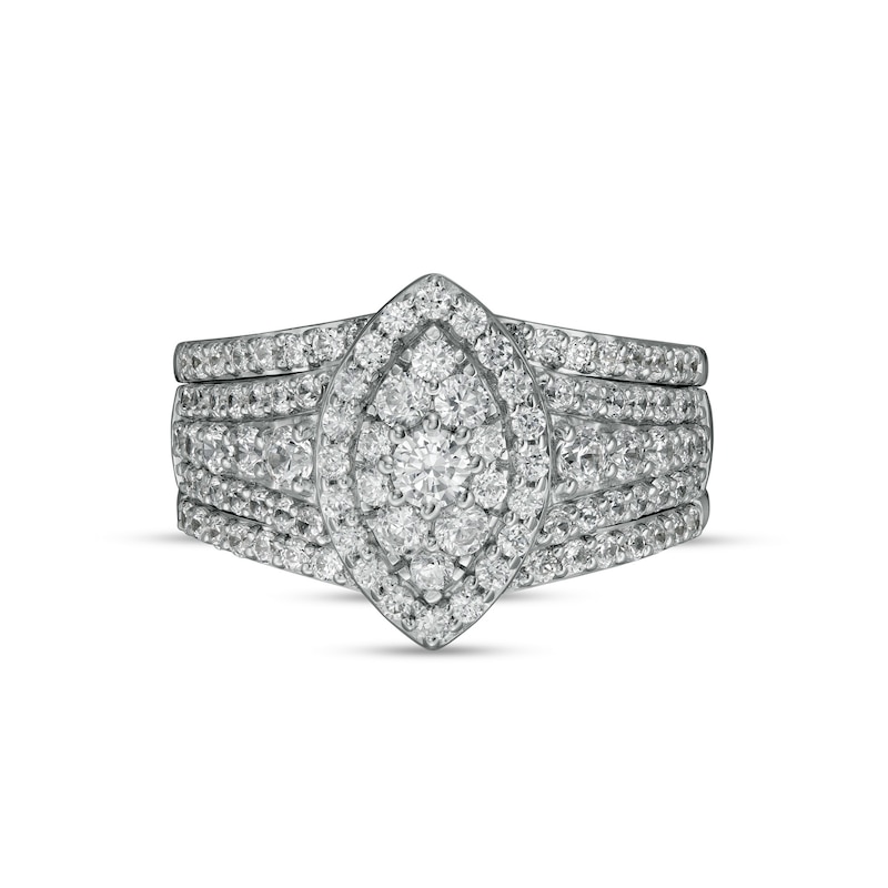 1.37 CT. T.W. Composite Marquise-Shaped Diamond Frame Three Piece Bridal Set in 10K White Gold