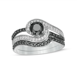 0.95 CT. T.W. Black Enhanced and White Diamond Bypass Multi-Row Bridal Set in 10K White Gold
