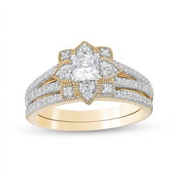 0.69 CT. T.W. Princess-Cut Diamond Flower Frame Vintage-Style Bridal Set in 10K Gold