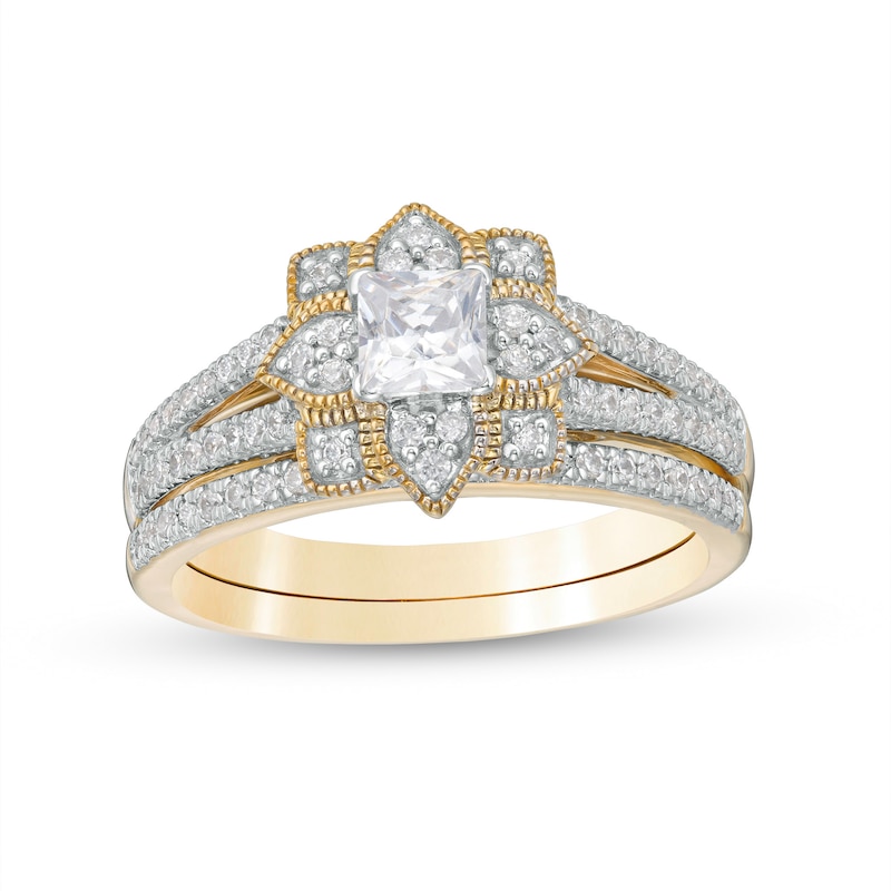Main Image 1 of 0.69 CT. T.W. Princess-Cut Diamond Flower Frame Vintage-Style Bridal Set in 10K Gold