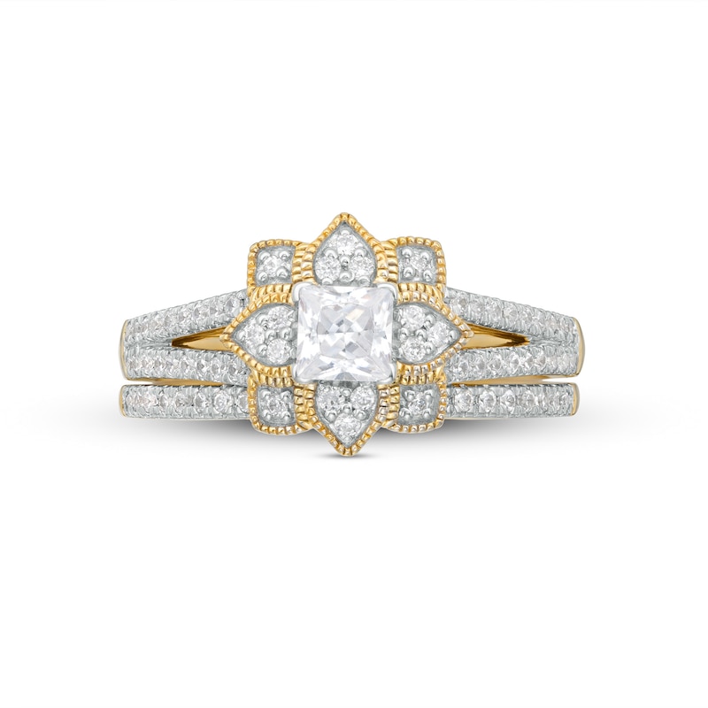 Main Image 3 of 0.69 CT. T.W. Princess-Cut Diamond Flower Frame Vintage-Style Bridal Set in 10K Gold