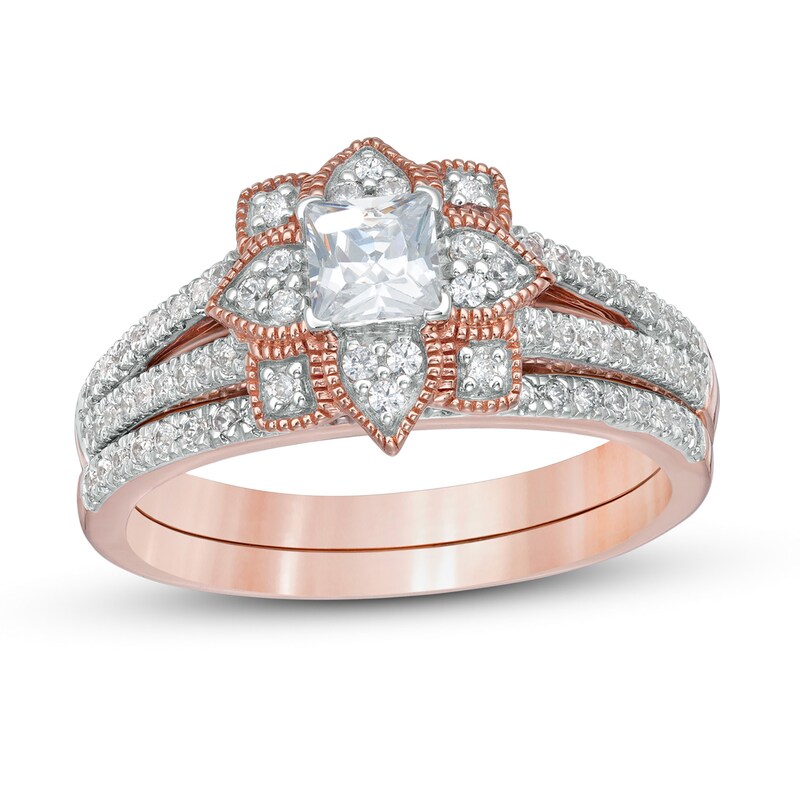 0.69 CT. T.W. Princess-Cut Diamond Flower Frame Vintage-Style Bridal Set in 10K Rose Gold