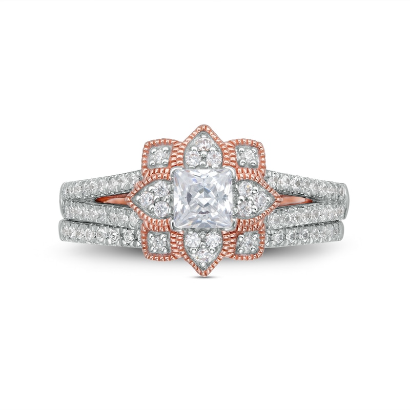 0.69 CT. T.W. Princess-Cut Diamond Flower Frame Vintage-Style Bridal Set in 10K Rose Gold