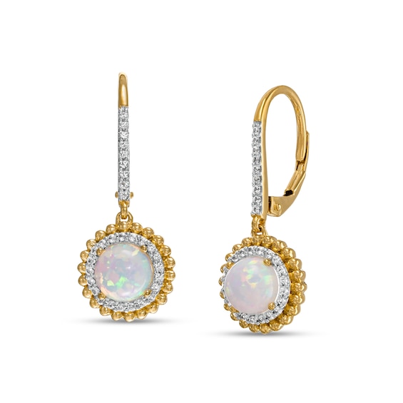 6.0mm Lab-Created Opal and White Lab-Created Sapphire Beaded Double Frame Drop Earrings in 10K Gold