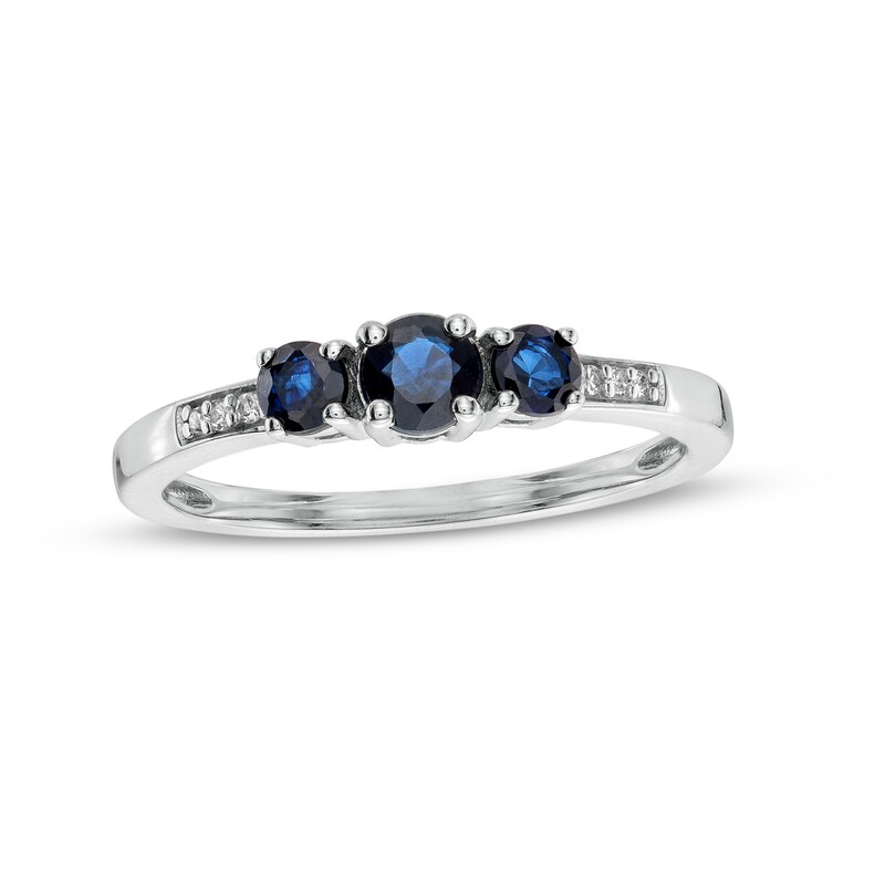 Blue Sapphire and Diamond Accent Three Stone Ring in 10K White Gold