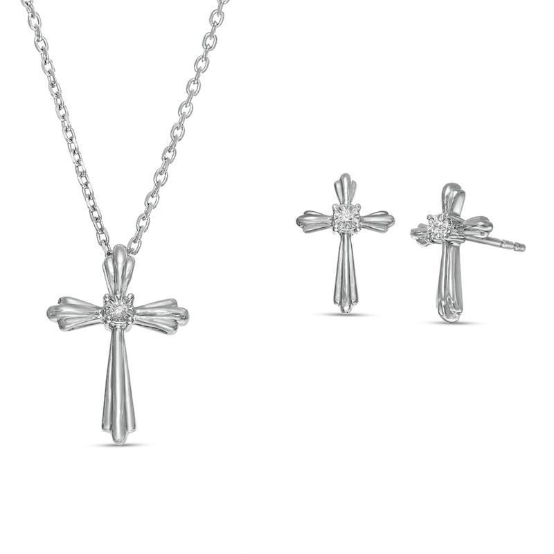 Diamond Accent Solitaire Cross Pendant and Stud Earrings Set in Sterling Silver|Peoples Jewellers