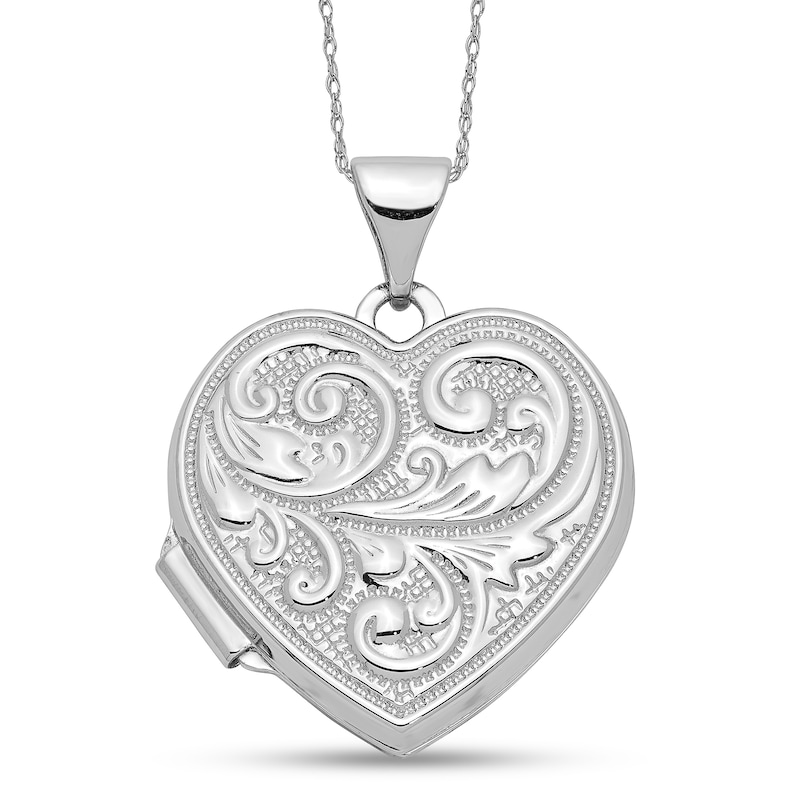 Filigree Textured "Love You Always" Reversible Heart Locket in 14K White Gold|Peoples Jewellers