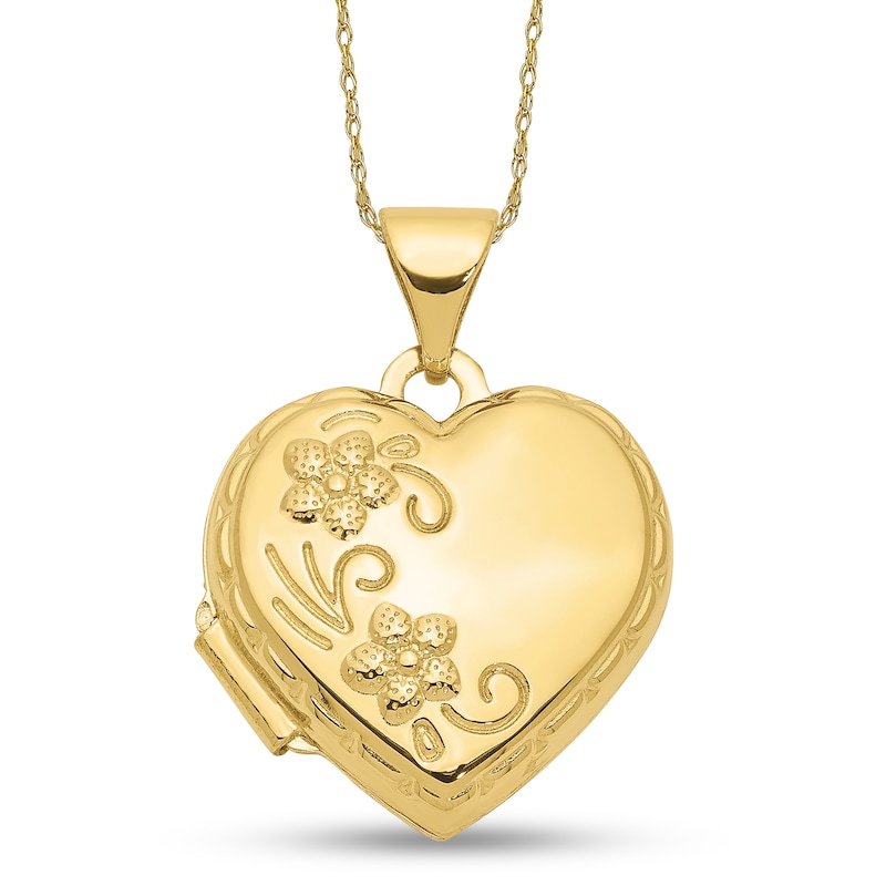 Main Image 1 of Floral Textured Scallop Frame Reversible Heart Locket in 10K Gold