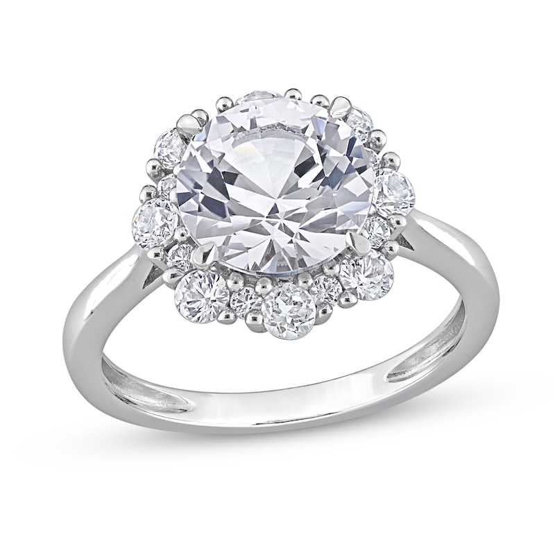 Main Image 1 of 9.0mm White Lab-Created Sapphire Frame Sunburst Ring in 10K White Gold