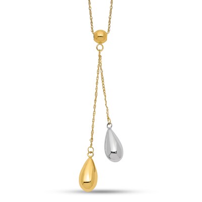 Double Puff Teardrop Lariat Necklace in 14K Two-Tone Gold
