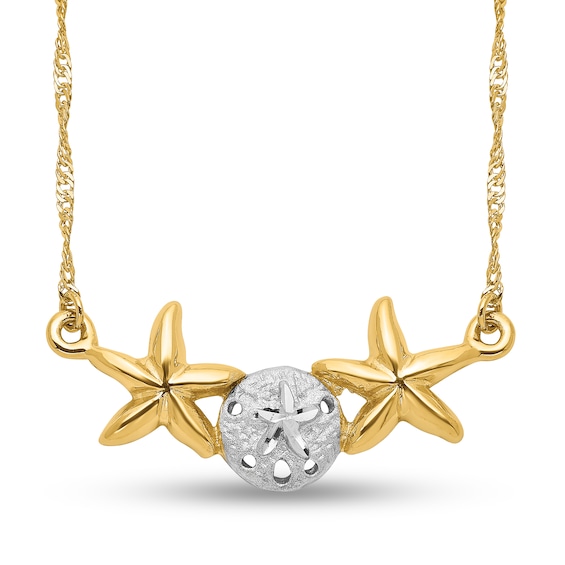 Multi-Finish Sand Dollar and Starfish Side Accent Necklace in 14K