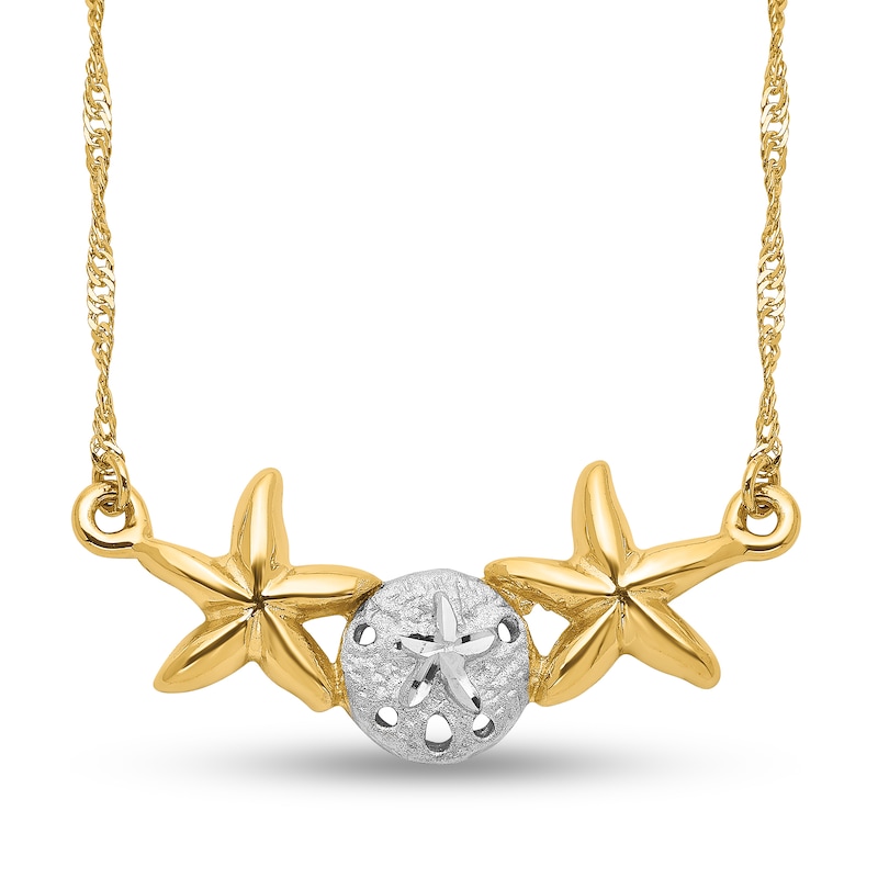 Multi-Finish Sand Dollar and Starfish Side Accent Necklace in 14K Two-Tone Gold|Peoples Jewellers