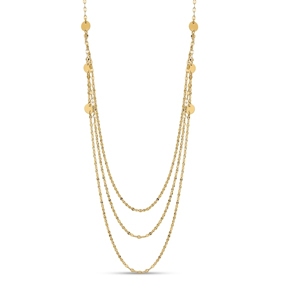 Mini Disc Station Triple Strand Necklace in 14K Gold