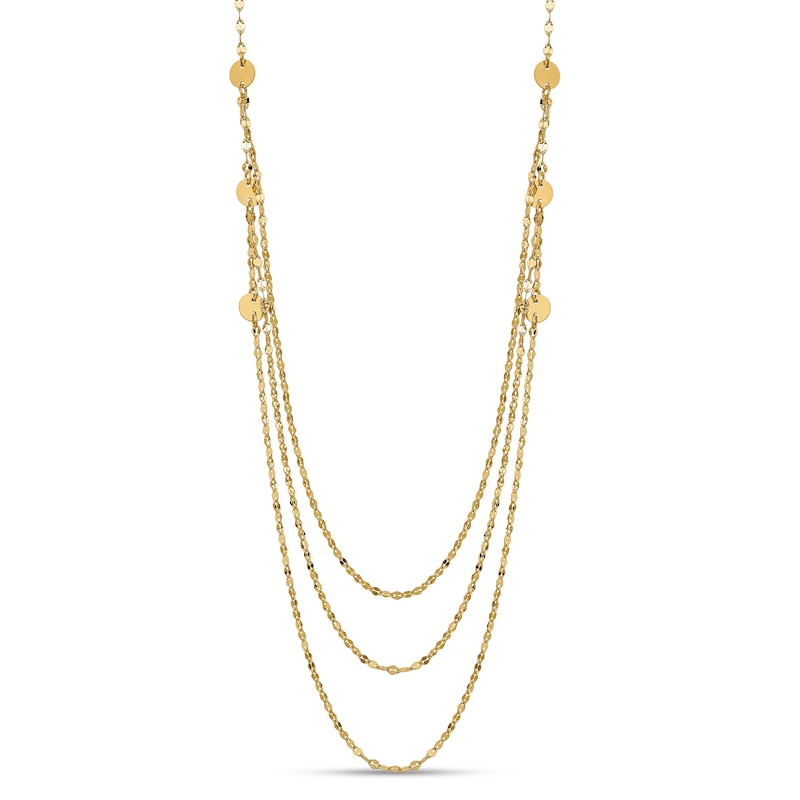 Mini Disc Station Triple Strand Necklace in 14K Gold