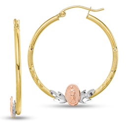 3.0mm Diamond-Cut Our Lady of Guadalupe Tube Hoop Earrings in 10K Tri-Tone Gold