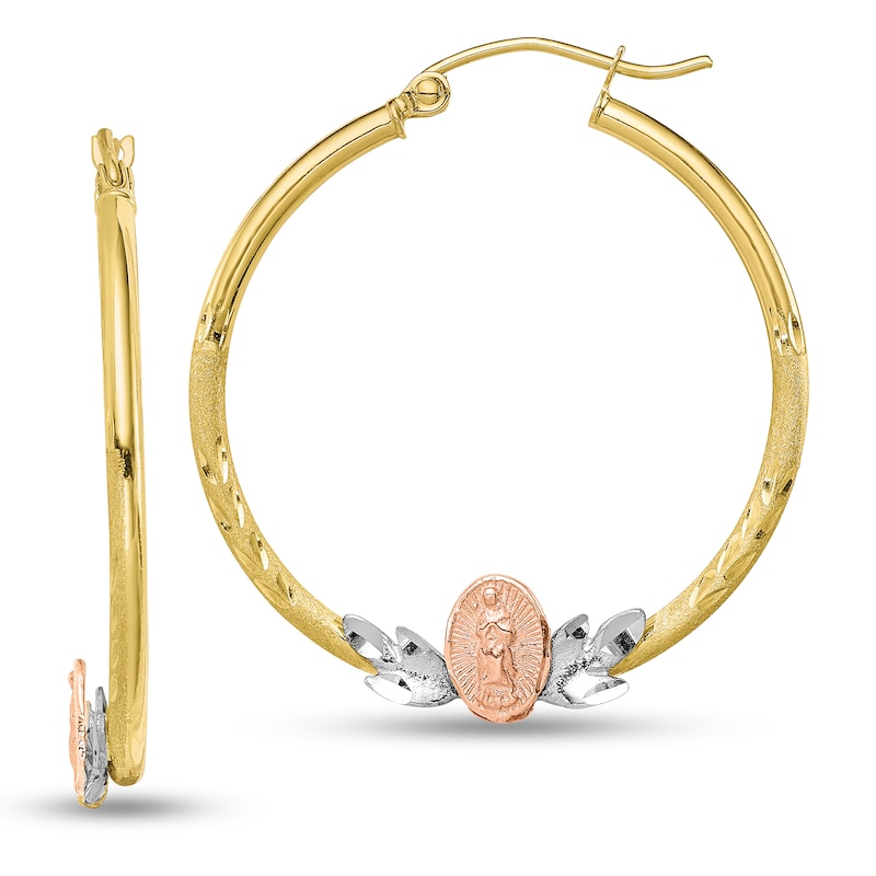 3.0mm Diamond-Cut Our Lady of Guadalupe Tube Hoop Earrings in 10K Tri-Tone Gold
