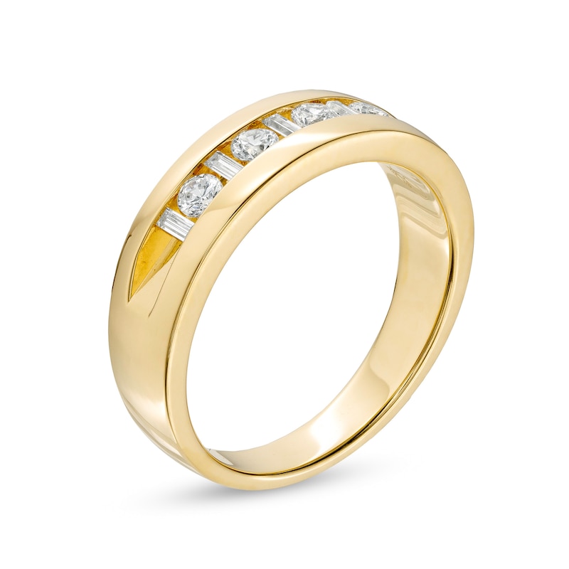 Main Image 3 of Men's 0.50 CT. T.W. Baguette and Round Diamond Alternating Nine Stone Wedding Band in 10K Gold