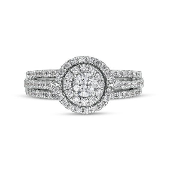 1.00 CT. T.W. Certified Canadian Diamond Double Frame Split Shank Engagement Ring in 10K White Gold (I/I2)