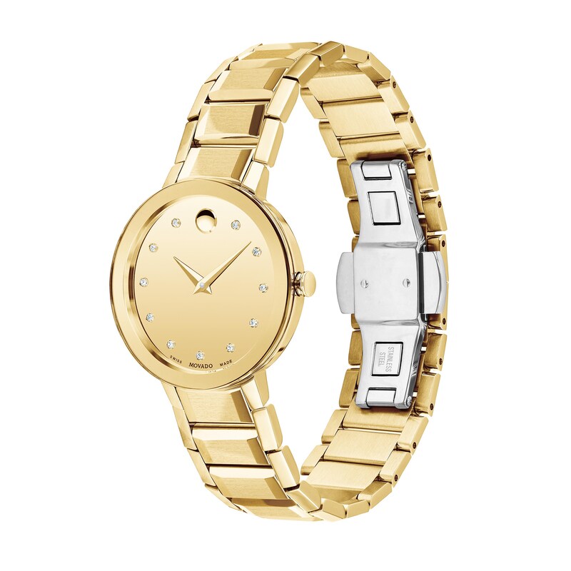 Ladies' Movado Sapphire™ Diamond Accent Gold-Tone PVD Watch with Gold-Tone Dial (Model: 0607550)|Peoples Jewellers