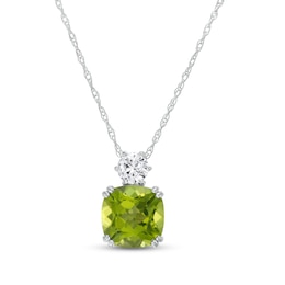 8.0mm Cushion-Cut Peridot and White Lab-Created Sapphire Accent Pendant in 10K White Gold