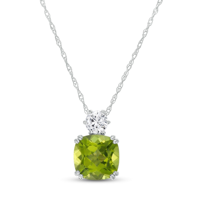 8.0mm Cushion-Cut Peridot and White Lab-Created Sapphire Accent Pendant in 10K White Gold|Peoples Jewellers