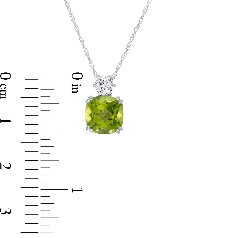 Main Image 3 of 8.0mm Cushion-Cut Peridot and White Lab-Created Sapphire Accent Pendant in 10K White Gold
